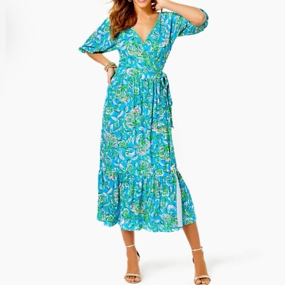 Lilly Pulitzer Dresses & Skirts - Lilly Pulitzer Brantley Midi Wrap Dress Cumulus Blue Chick Magnet Small